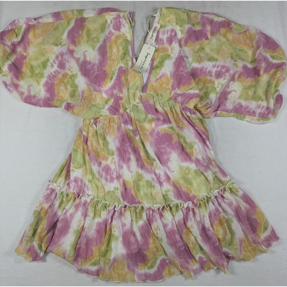NEW Impressions Watercolor Tie Dye Plisse Mini Dress Pink Green Yellow Small